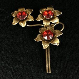 Vintage Floral Gold Tone Red Rhinestone Brooch